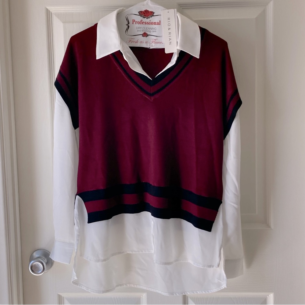 Rio & Rian 2 in 1 V-Neck Sweater Vest w/ Sewn in Button Down Collared Shirt Sz M